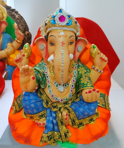 12" Eco-Friendly Clay Jaswant Style Ganpati Idol : HandPainted,Diamond,Cloth Work