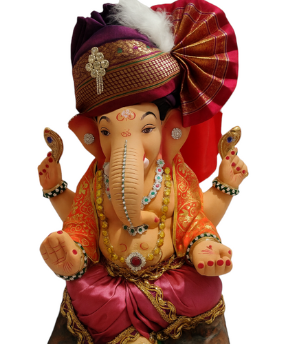 15" Eco-Friendly Clay Ganpati Idol : HandPainted,Diamond Work,Cloth Decoration