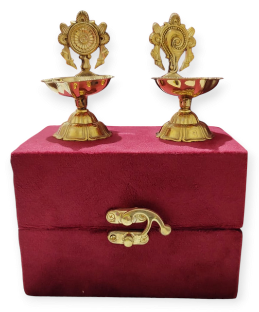 Brass Designer Diya Pair with Velvet Gift Box | Traditional Pooja Oil Lamp for Home Temple