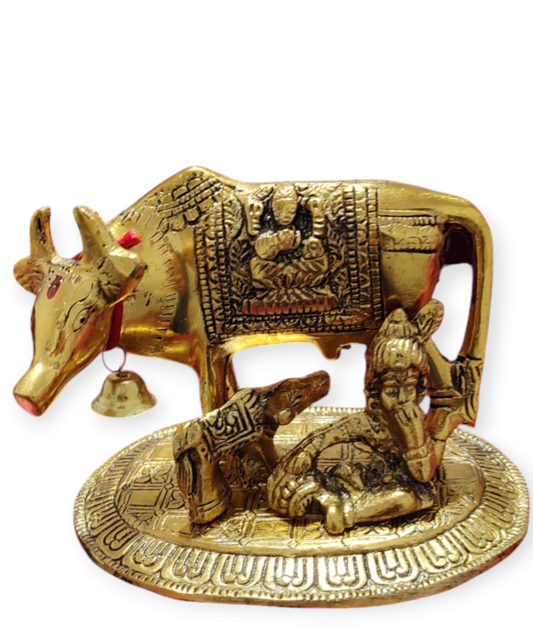 Brass Kamdhenu Cow & Calf Idol with Deity Engravings – Symbol of Prosperity & Blessings