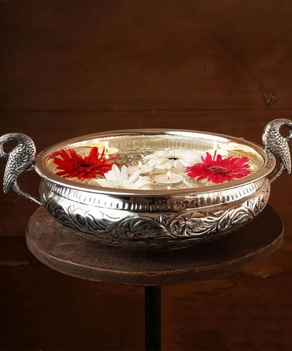 Silver Plated Peacock Handle Bowl with Velvet Box, Silver Urli, Urli for Pooja/puja Diwali, Decoration Items for Home, Office & Temples