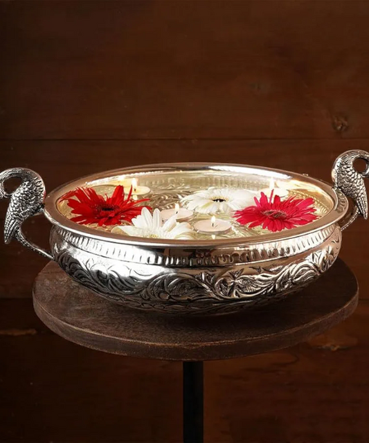 Silver Plated Peacock Handle Bowl with Velvet Box, Silver Urli, Urli for Pooja/puja Diwali, Decoration Items for Home, Office & Temples