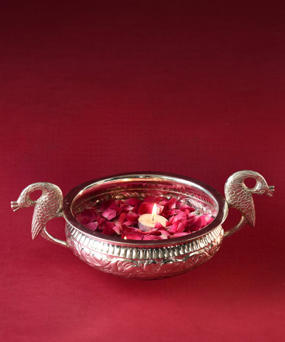 Silver Plated Peacock Handle Bowl with Velvet Box, Silver Urli, Urli for Pooja/puja Diwali, Decoration Items for Home, Office & Temples