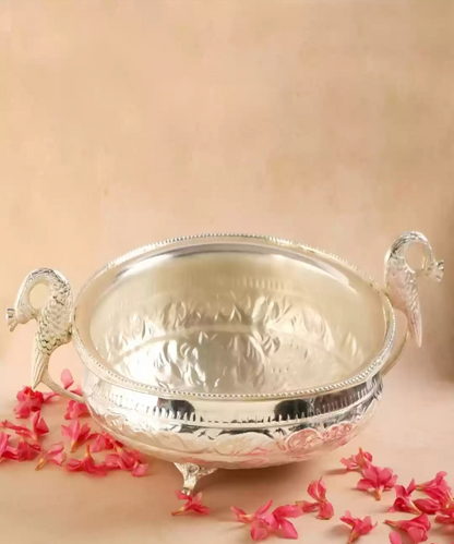 Silver Plated Peacock Handle Bowl with Velvet Box, Silver Urli, Urli for Pooja/puja Diwali, Decoration Items for Home, Office & Temples