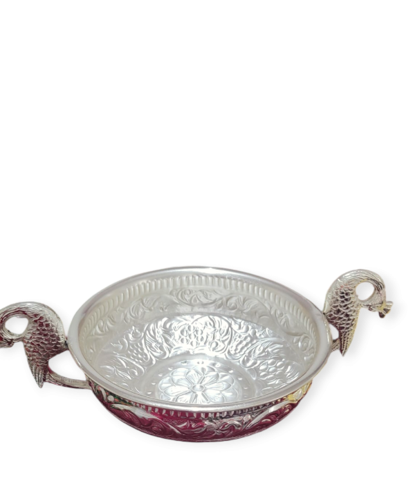 Silver Plated Peacock Handle Bowl with Velvet Box, Silver Urli, Urli for Pooja/puja Diwali, Decoration Items for Home, Office & Temples