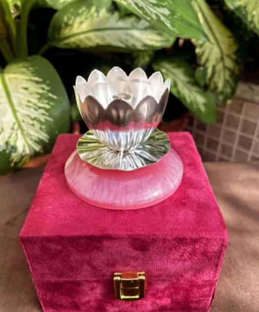 Silver Plated Lotus Diya with Velvet Box | Elegant Pooja Lamp for Home Temple & Gifting