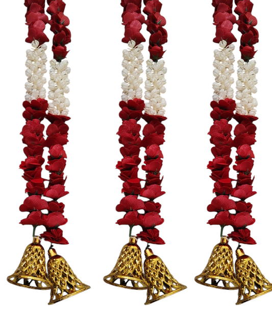 1 Pair Red & White Artificial Flower Latkan Pair with Golden Bells – Toran & Mandir Decoration