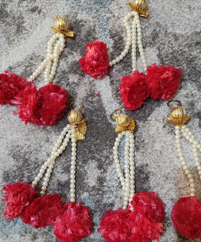 1 Pair Red Marigold Hanging with Pearls | Decorative Toran & Door Hanging for Festivals
