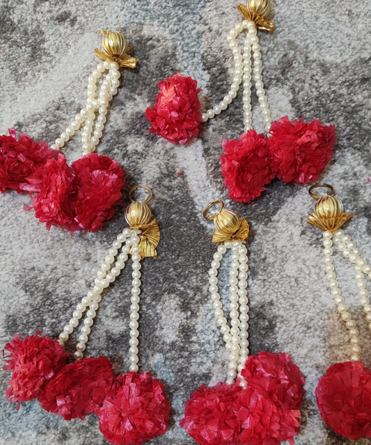 1 Pair Red Marigold Hanging with Pearls | Decorative Toran & Door Hanging for Festivals