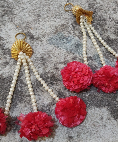 1 Pair Red Marigold Hanging with Pearls | Decorative Toran & Door Hanging for Festivals