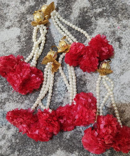 1 Pair Red Marigold Hanging with Pearls | Decorative Toran & Door Hanging for Festivals