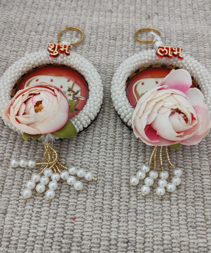 Shubh Labh Hanging with Kamdhenu Cow Design, Pearl Beads & Floral Accents