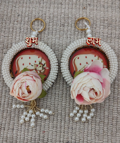 Shubh Labh Hanging with Kamdhenu Cow Design, Pearl Beads & Floral Accents