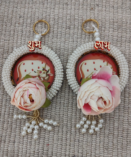 Shubh Labh Hanging with Kamdhenu Cow Design, Pearl Beads & Floral Accents