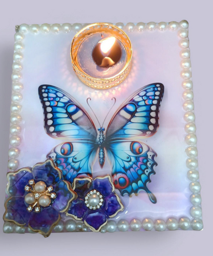 Butterfly Design Decorative Tealight Holder with Pearl Border