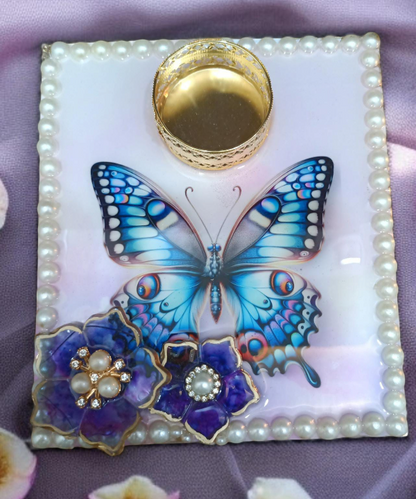 Butterfly Design Decorative Tealight Holder with Pearl Border