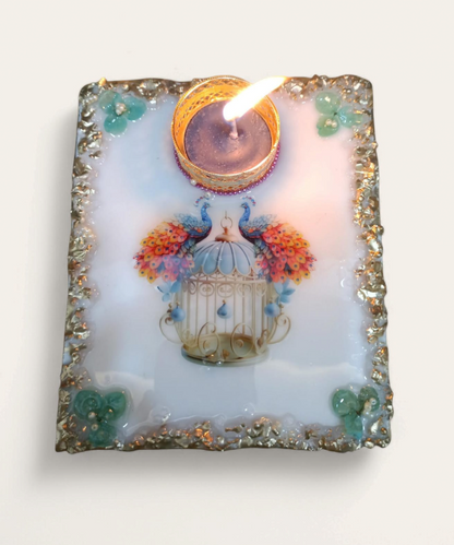 Peacock Design Decorative Tealight Holder with Golden Border