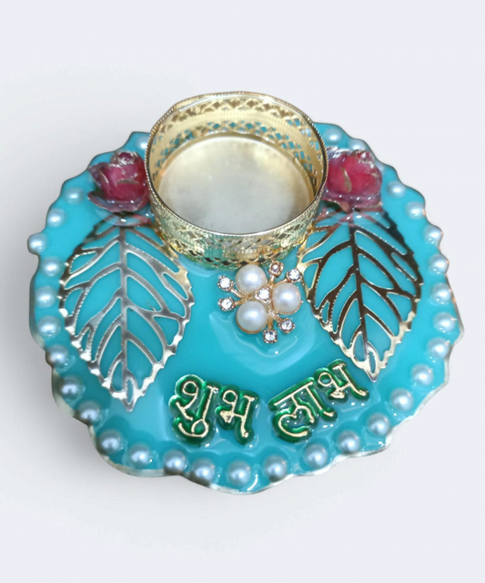 Shubh Labh Decorative Tealight Holder with Pearls & Floral Design