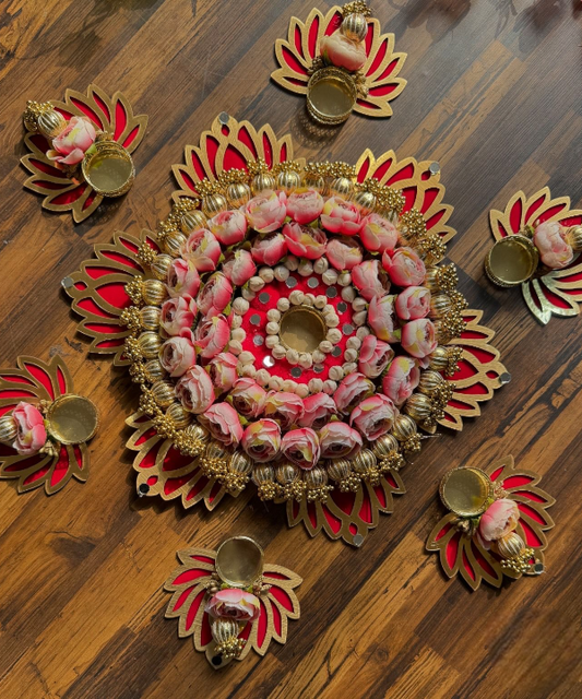 Floral Lotus and Peony Rangoli with Decorative Diyas – Artificial Flower & Lotus Tealight Holder Set