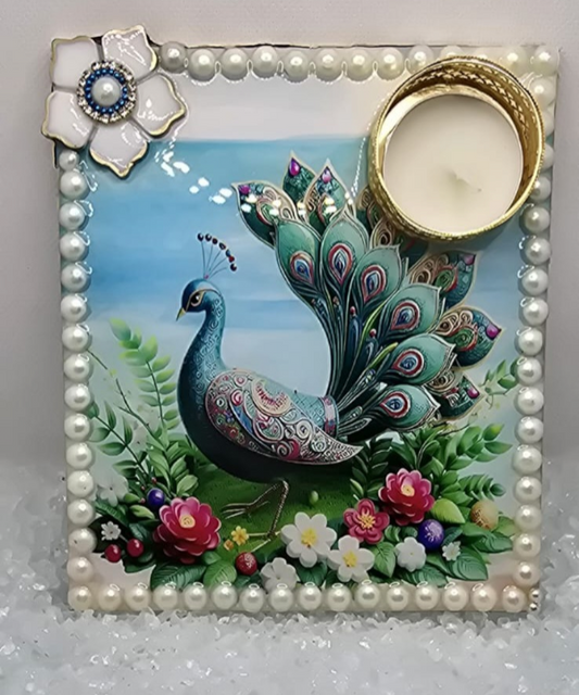 Peacock Design Decorative Tealight Holder with Pearl Border