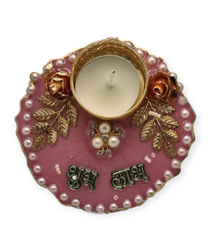 Shubh Labh Decorative Tealight Holder with Pearls & Floral Design