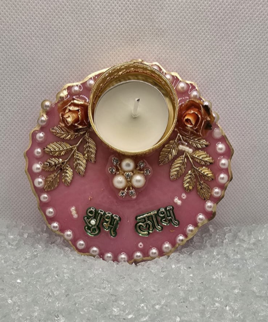 Shubh Labh Decorative Tealight Holder with Pearls & Floral Design
