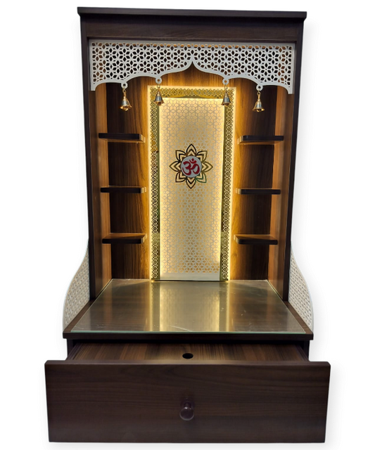 Premium Wooden Pooja Mandir for Home with LED Lights, Brass Bells & Storage Drawer – Modern Temple for Idols