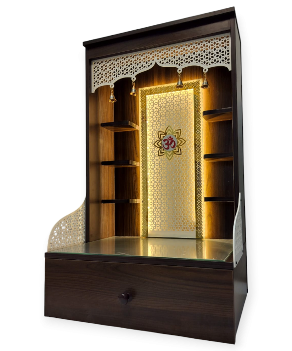 Premium Wooden Pooja Mandir for Home with LED Lights, Brass Bells & Storage Drawer – Modern Temple for Idols