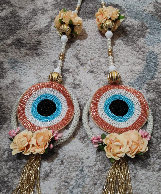 1 Pair" Evil Eye Hanging String with Artificial Flowers & Beads – Decorative Door/Toran