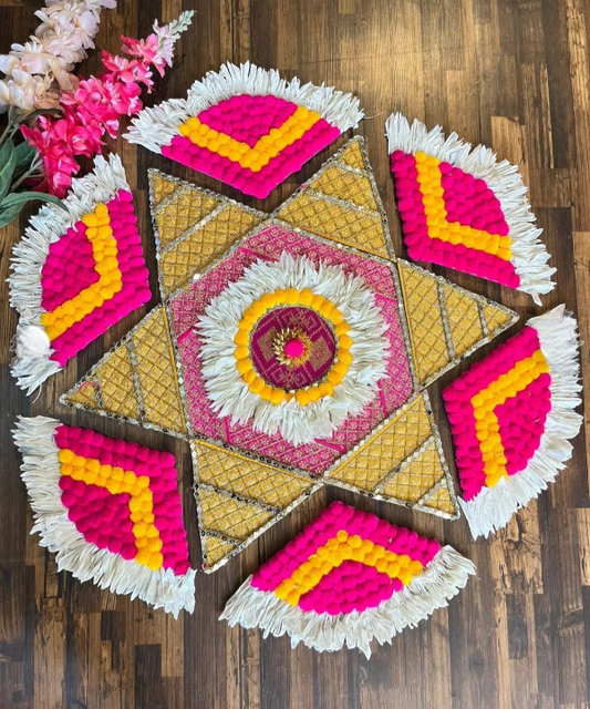 Traditional Handmade Rangoli Mat / Floor Decoration Set – Pom Pom & Golden Work