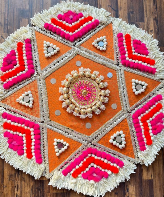 Traditional Handmade Rangoli Mat / Floor Decoration Set – Pom Pom & Golden Work
