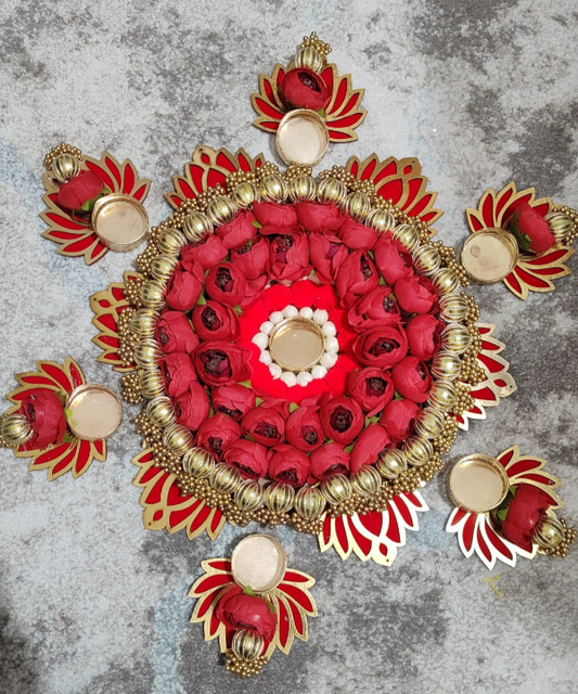 Floral Lotus and Peony Rangoli with Decorative Diyas – Artificial Flower & Lotus Tealight Holder Set