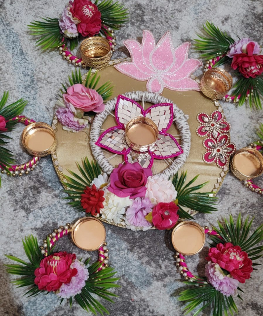 Floral Decorative Tea Light Holder Set with Rangoli Base – Festive Pooja & Home Décor