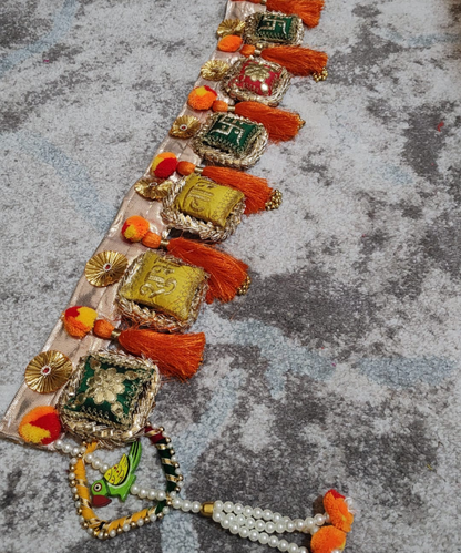 1Pc Traditional Shubh Labh Toran with Embroidered Cushions, Tassels & Parrot Charm