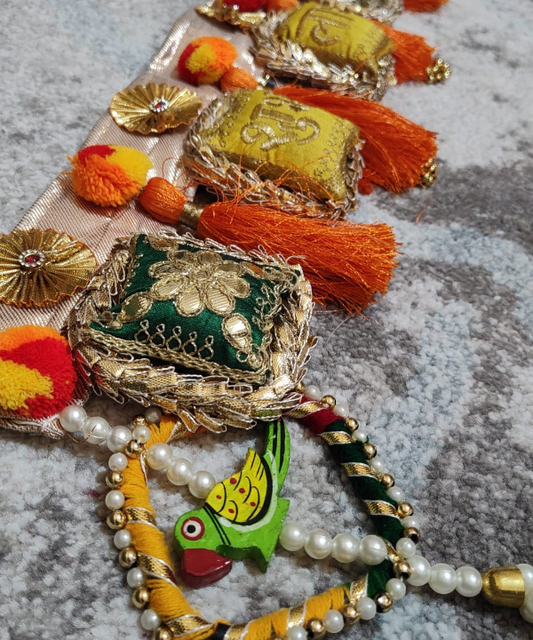 1Pc Traditional Shubh Labh Toran with Embroidered Cushions, Tassels & Parrot Charm