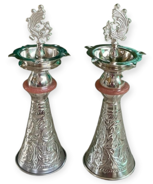 Silver Peacock Samai – Traditional Brass Oil Lamp 1 pc