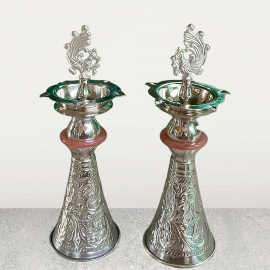 Silver Peacock Samai – Traditional Brass Oil Lamp