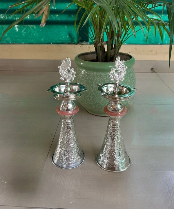 Silver Peacock Samai – Traditional Brass Oil Lamp