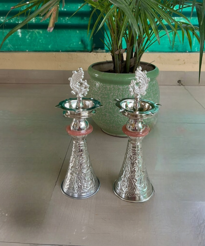Silver Peacock Samai – Traditional Brass Oil Lamp