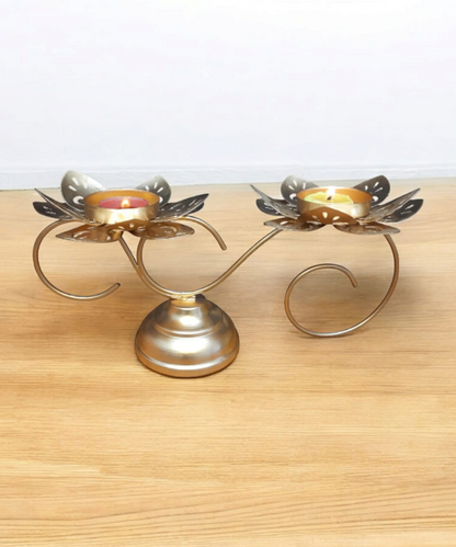Golden Lotus Tealight Holder Set – Elegant Metal Candle Stand (Set of 2)