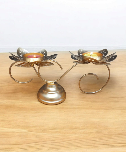 Golden Lotus Tealight Holder Set – Elegant Metal Candle Stand (Set of 2)