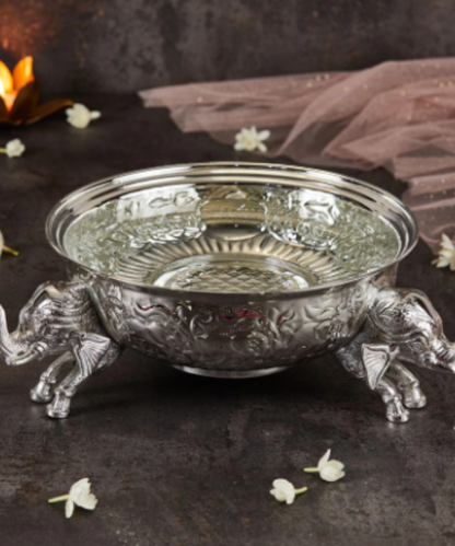 Silver Intricately Designed Uruli With Elephants