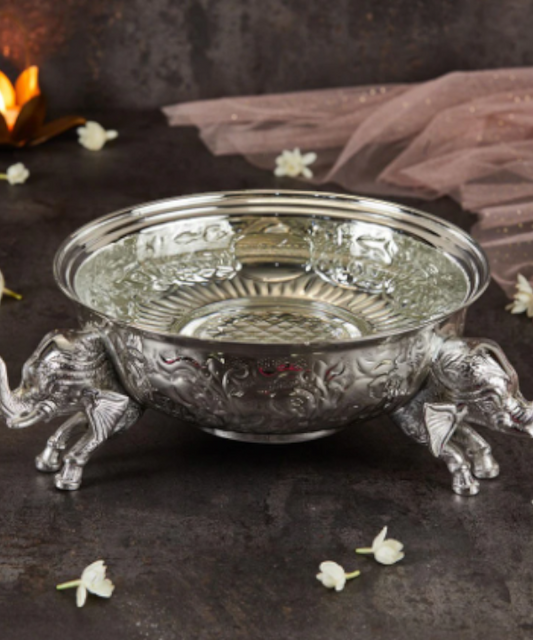 Silver Intricately Designed Uruli With Elephants