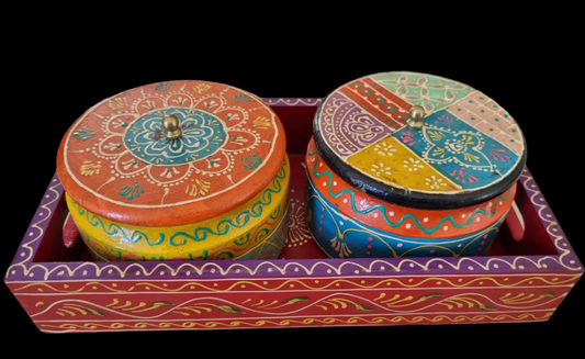 Indian Handmade Wooden Painted Dry Fruit Box 2 Bowl in 1 Tray Table Decor