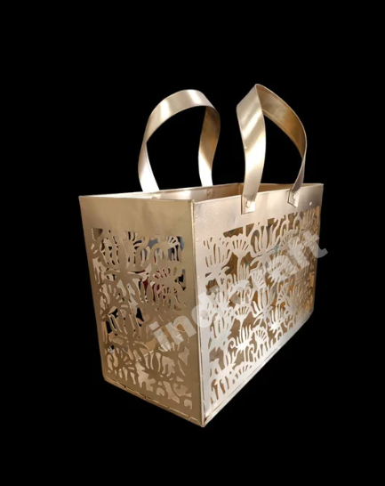 Metal Square Decorative Basket Gold Finish- Nest style Basket with Handle Iron Vase
