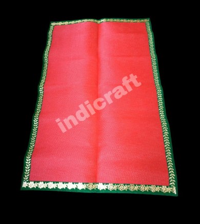 Red Nylon Handmade Chatai/Mat with Green & Golden sequins work on the Trim/Lace 72x48 (in inch)
