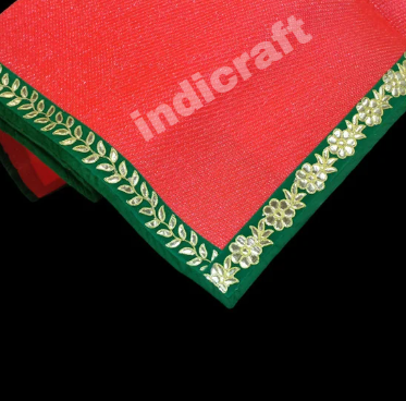 Red Nylon Handmade Chatai/Mat with Green & Golden sequins work on the Trim/Lace 72x48 (in inch)