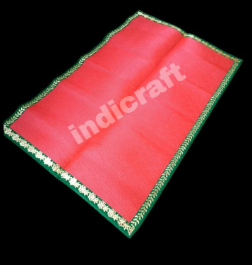 Red Nylon Handmade Chatai/Mat with Green & Golden sequins work on the Trim/Lace 72x48 (in inch)