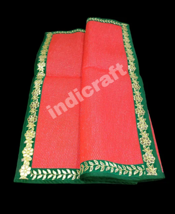 Red Nylon Handmade Chatai/Mat with Green & Golden sequins work on the Trim/Lace 72x48 (in inch)