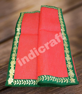 Red Nylon Handmade Chatai/Mat with Green & Golden sequins work on the Trim/Lace 72x48 (in inch)